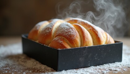 Steaming loaf of freshly baked bread in cozy kitchen setting