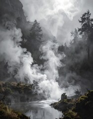 Misty mountain stream with steam
