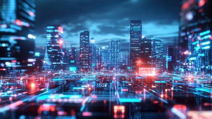 Futuristic cityscape illuminated with blue and red lights at night