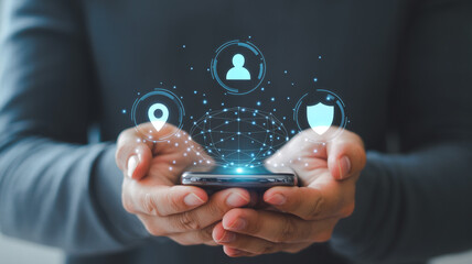 Mobile security and privacy concept person holding smartphone with secure connection icons overlayed