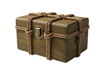 An antique, robust dark olive-green wooden chest, weathered with deep grain, braided hemp ropes, and aged brass clasp, isolated on a transparent studio background. Profound mystery and untold stories