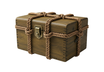 An antique, robust dark olive-green wooden chest, weathered with deep grain, braided hemp ropes, and aged brass clasp, isolated on a transparent studio background. Profound mystery and untold stories
