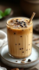 Iced bubble milk tea glass filled tapioca pearls delight wallpaper