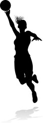 Silhouette of athletic woman female basketball player with basketball ball. Sports concept.