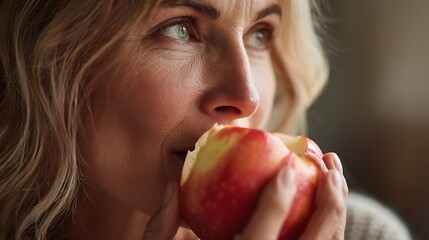 Close up of a woman with blonde hair eating a red apple with a bite taken out of it indoors in soft light