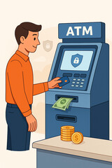 Man conducting a secure financial transaction at a bank terminal, inserting a card to withdraw cash money from his account