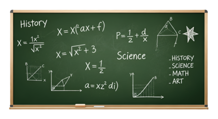 Chalkboard with text History, Science, Math, Art and formulas isolated PNG with Transparent Background