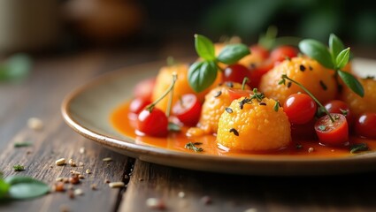 A close-up view of vibrant orange couscous balls, bathed in a rich tomato sauce, garnished with fresh cherry tomatoes and herbs.