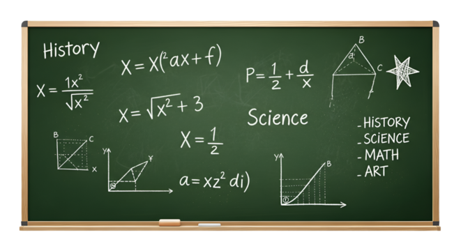 Chalkboard with text History, Science, Math, Art and formulas isolated PNG with Transparent Background
