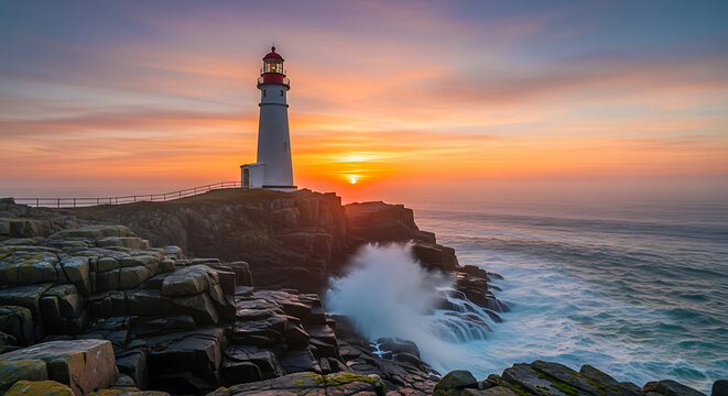 Vector illustration of dramatic sunset over a rugged coastline with a lighthouse standing tall against crashing waves and misty ocean