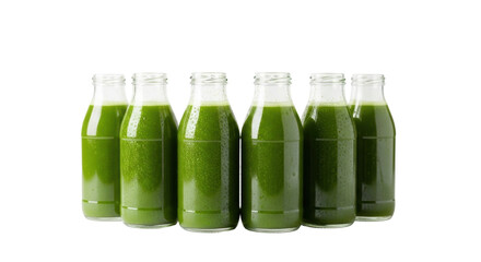 Six identical sleek clear glass bottles with vibrant green cold-pressed vegetable juice, condensation, on a transparent surface with soft studio light, minimalist, concept of premium health and