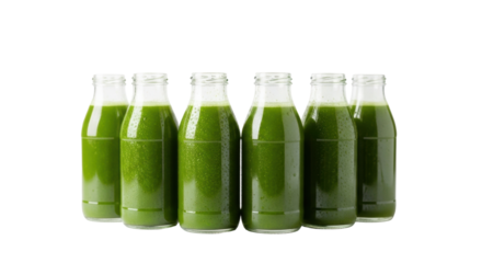 Six identical sleek clear glass bottles with vibrant green cold-pressed vegetable juice, condensation, on a transparent surface with soft studio light, minimalist, concept of premium health and