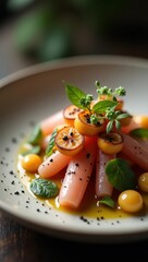 A delicate arrangement of vibrant pink and yellow seafood, garnished with fresh herbs and citrus, sits artfully on a plate, showcasing a refined culinary presentation.