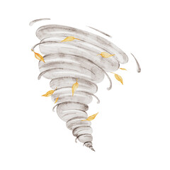 Pastel beige cartoon storm. Tornado and wind with fall leaves. Hand drawn watercolor illustration isolated in the background. Weather icon. Symbols for meteorological forecasts for children's