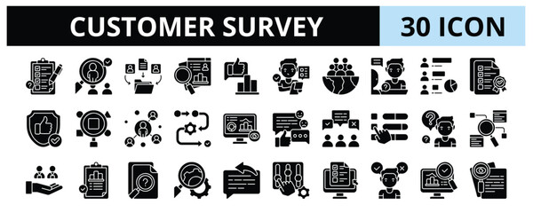 30 Customer Survey Glyph Icons Vector - Surveyor, Interview, Validity, Random Sampling, Research, Participant, Online Survey, Query