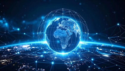 A glowing digital globe, surrounded by interconnected lines, symbolizing global connectivity and data flow against a dark blue background