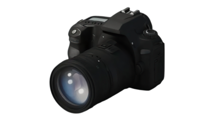 Professional black digital SLR camera with lens isolated on a clean white background for studio photography concepts