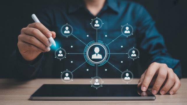 Analyzing social network connections with tablet and stylus for business and communication strategy - Powered by Adobe