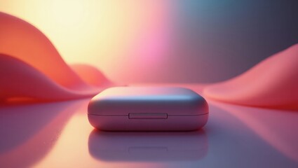 A metallic, light gray case rests on a reflective surface, bathed in warm, vibrant hues, with soft folds of pink fabric draping artfully in the background.