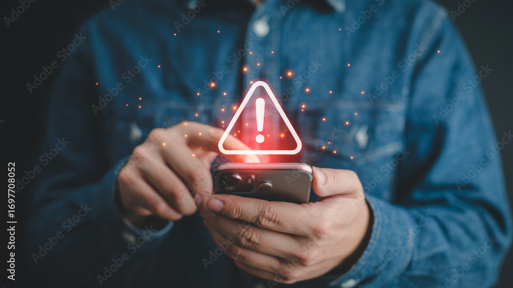 Aufkleber mobile phone security warning alert notification on smartphone device internet security and data pri
