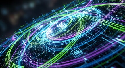 Abstract digital circuit board with glowing neon light trails