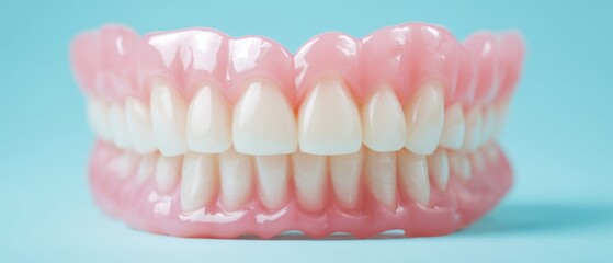 Obraz premium The Dentures clean white teeth with realistic pink gums on blue background