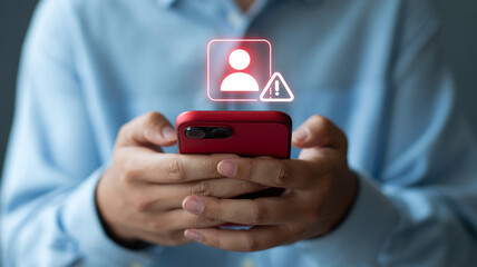 Phone security alert notification on smartphone device in hand, digital safety concept protection
