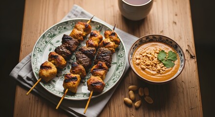 A plate of delicious chicken satay skewers served with a side of peanut sauce and a small cup of tea.