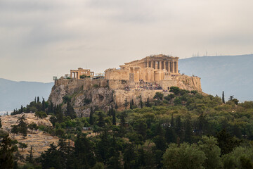 A view of the ancient Parthenon, Athens, Greece, perched upon the Acropolis Hill