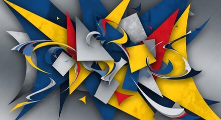 Abstract geometric composition with overlapping blue yellow and red shapes