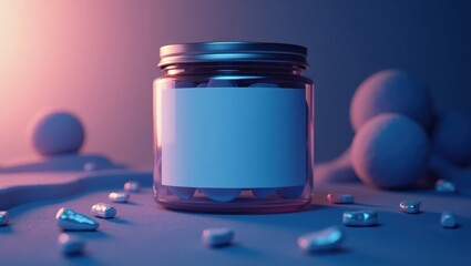 A clear glass jar with a blank label, filled with light-colored objects, sits in a softly lit, modern setting.