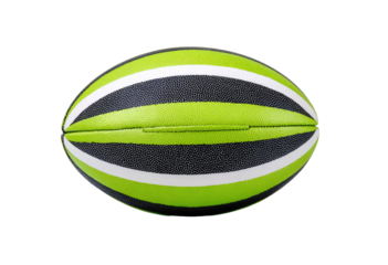 Bright green rugby ball with black and white stripes
