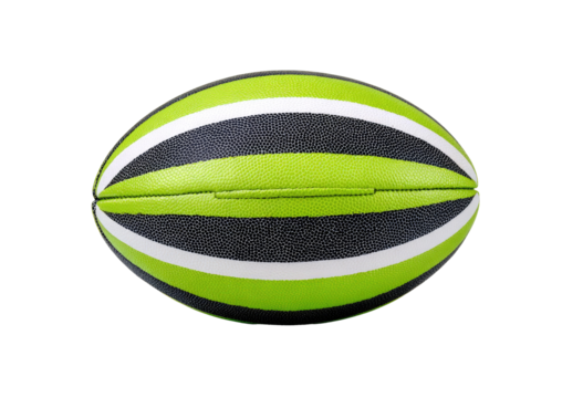 Bright green rugby ball with black and white stripes