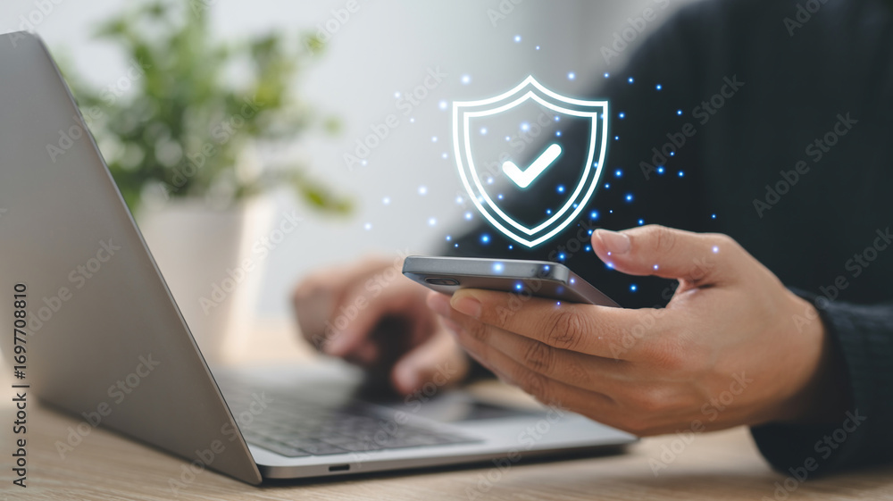 Poster cybersecurity on mobile phone and laptop for online security and data protection with secure connect
