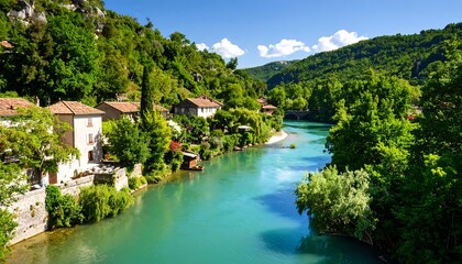 Picturesque river valley with charming houses