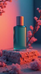 Teal glass perfume bottle, illuminated by vibrant neon light, sits atop a textured stone pedestal amidst a backdrop of delicate cherry blossoms.
