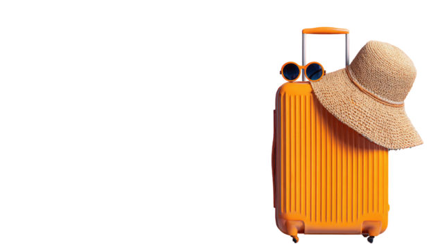Orange suitcase with straw hat and sunglasses (3) - Powered by Adobe