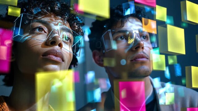 Virtual brainstorming session where employees wear headsets projecting colorful holographic sticky notes, innovation in workplace.