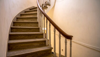 Winding wooden staircase in a light-filled room