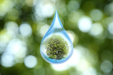 Save water concept. Tree inside drop against blurred green background
