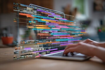 A person types on a laptop with abstract multicolored lines overlaid, creating a digital, futuristic effect. Focused on hands and keyboard