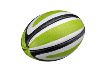 Close-up of a rugby ball.  Bright lime green, white, and black design.  Oval shape.  Isolated on black