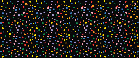 Dark black background with colorful confetti dots, seamless polka party pattern, vibrant festive wallpaper design for fun, cheerful and playful themes