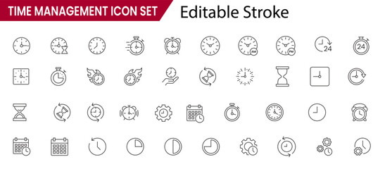 Set of editable stroke time management icons with clocks, calendars, timers, hourglasses, alarms, and productivity symbols isolated on white background, vector illustration pack