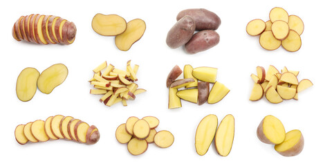 Raw potatoes isolated on white, collage. Whole and cut