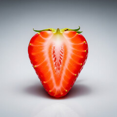A Halved Strawberry Displayed Cut-side Up On A Smooth Light Surface.