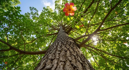 Low angle view of a flowering tree trunk branches and green leaves