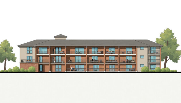 Architectural drawing of a three-storey college dormitory building with balconies and landscaping 