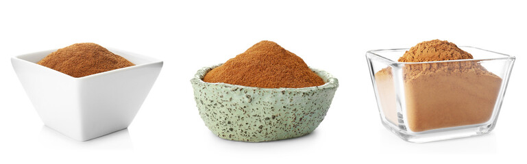 Cinnamon powder in bowls isolated on white, set