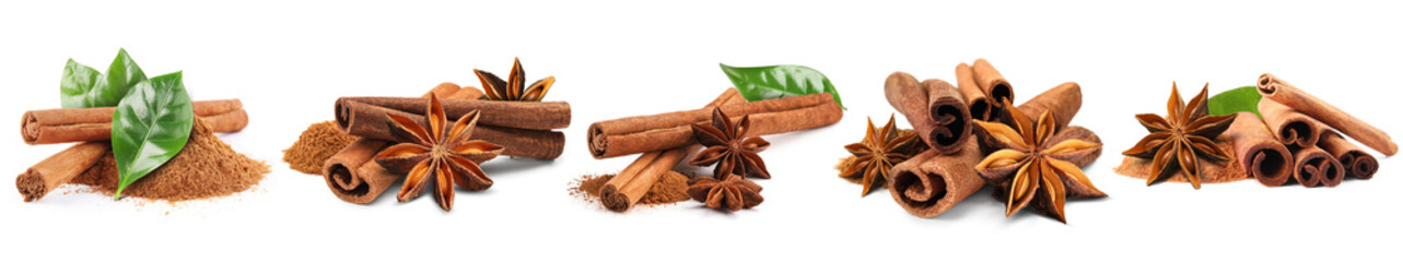 Cinnamon sticks and powder isolated on white, set